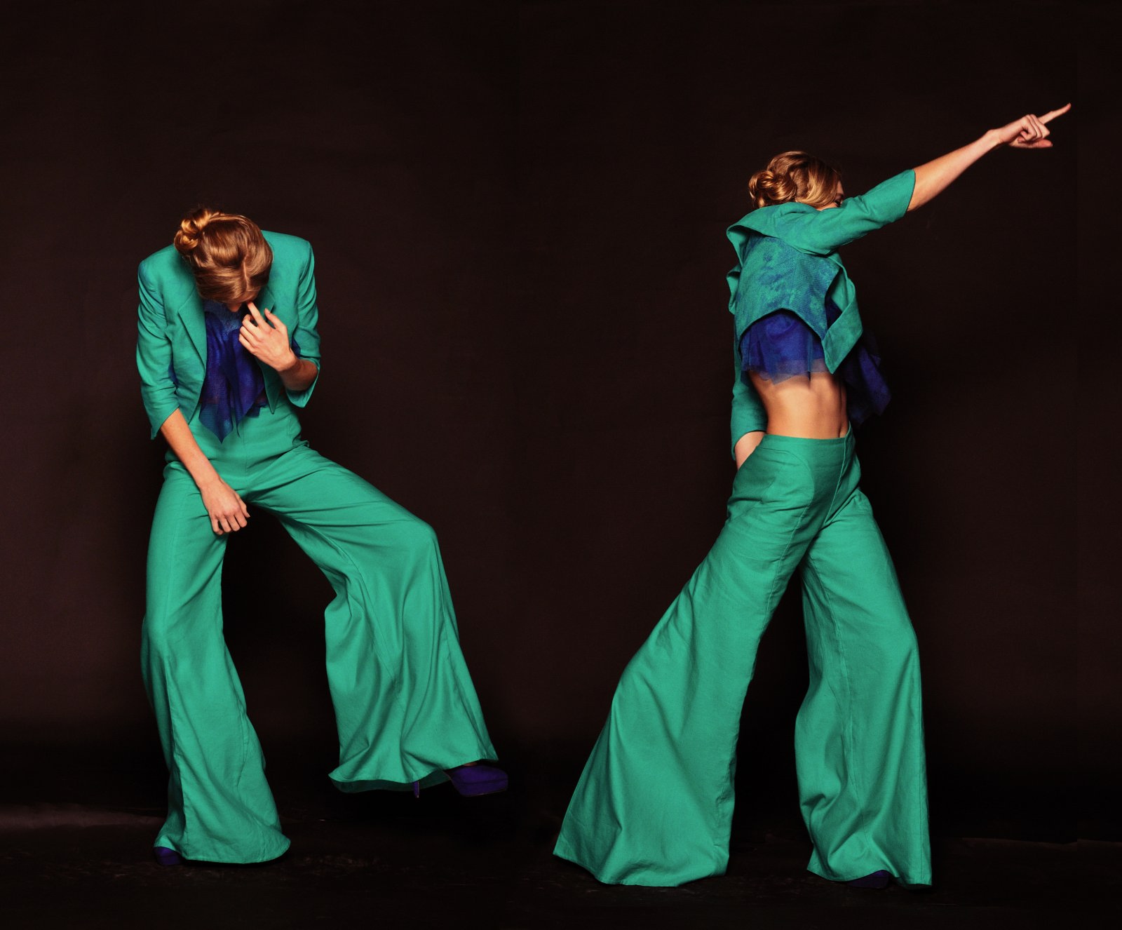 Movement and action fashion photography. Green Pants Suit with Jacket. High Fashion Shoot Studio photo shoot by Kent Johnson
