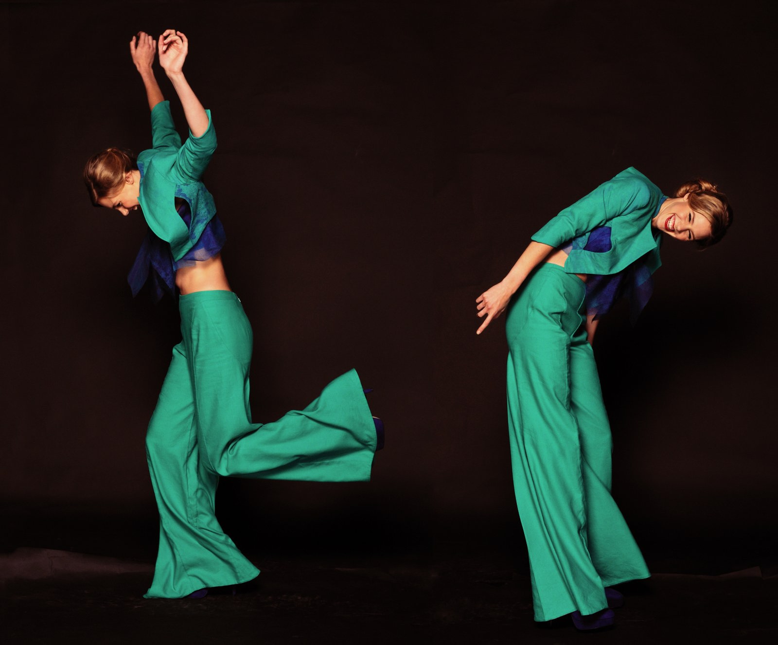 Green Pants Suit, High Fashion Shoot Studio Shots with movement by Kent Johnson.