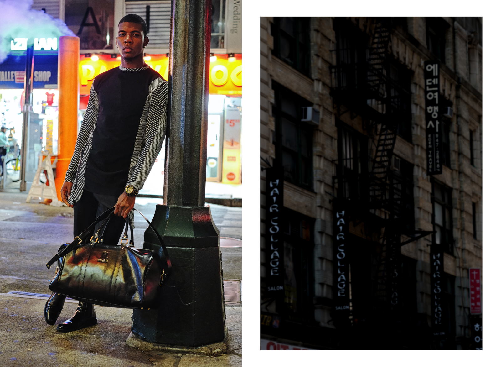 Longsleeve tee from the versed capsule collection, street scene with road steam and neon signs. Image paired with NY fire stairs and Korean signage. Menswear photographed in New York City by Kent Johnson.