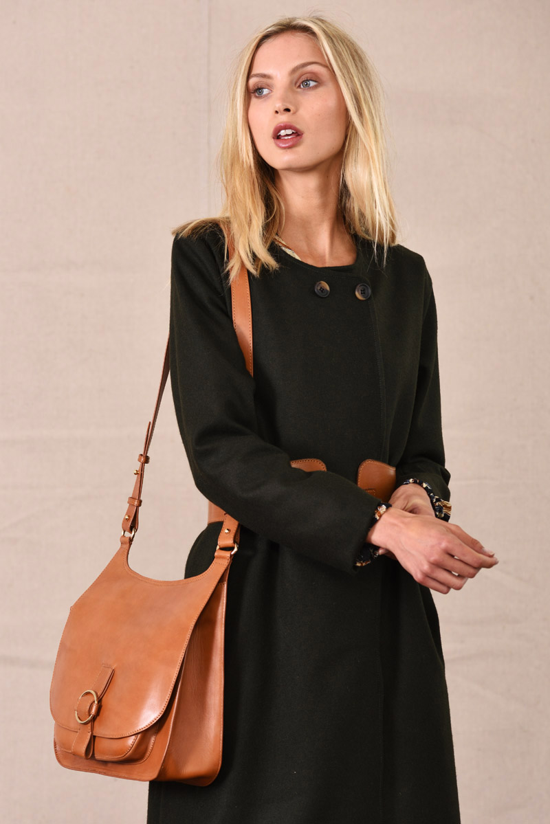 Leather shoulder bag and wool coat in detail shot- eCommerce Studio Fashion Photography by Kent Johnson.