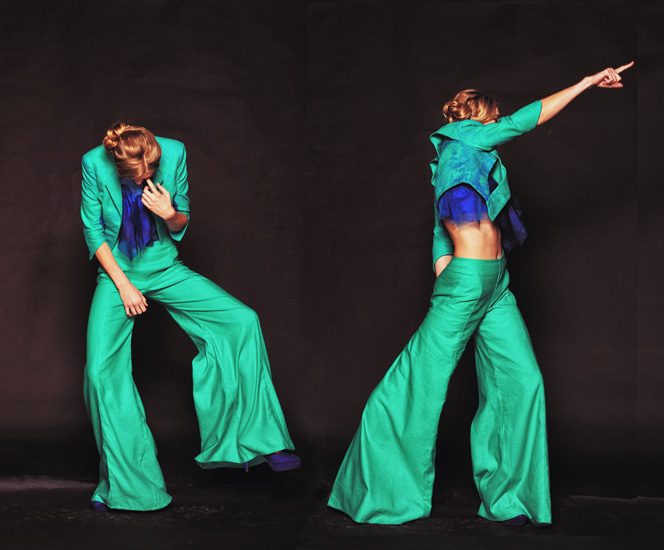 Movement and action fashion photography. Green Pants Suit with Jacket. High Fashion Shoot Studio photo shoot by Kent Johnson