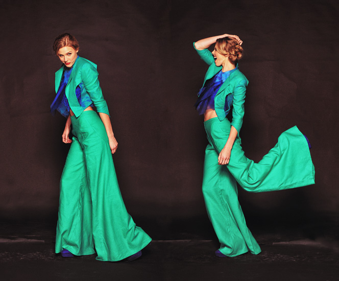Double shot - Model in green pants suit, high fashion photoshoot shoot studio shots with Momentum. Photography by Kent Johnson.