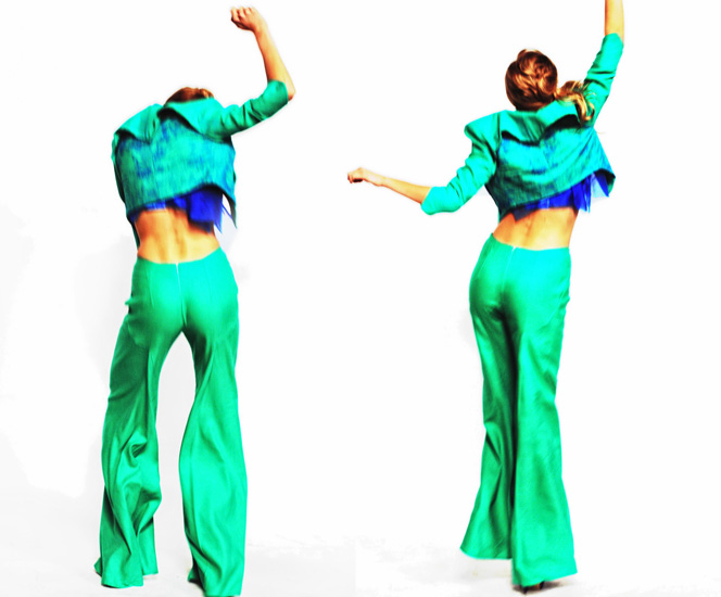Jumping and spinning, Couture Studio Shoot, green pants suit from behind, screen printed dress. Photography by Kent Johnson.