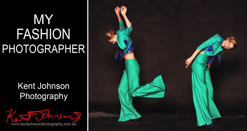 My Sydney Fashion Photographer - Green Pants Suit, High Fashion Shoot Studio Shots with movement by Kent Johnson.