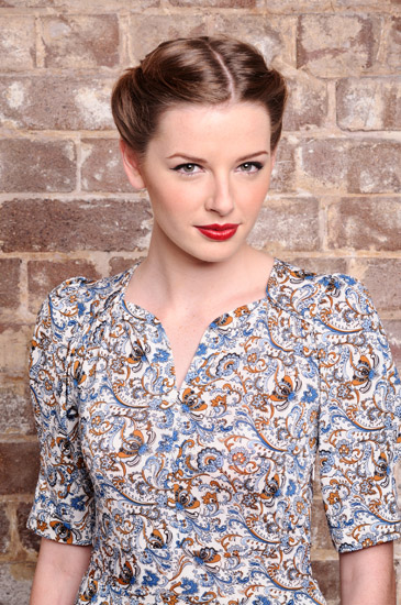 Mid shot for a vintage style fashion campaign, 1940's inspired paisley and floral dress in blue accent - Studio Fashion Photography by Kent Johnson.