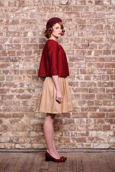 Fashion campaign, Vintage style cotton dress red jacket and burgundy beret - Studio Fashion Photography by Kent Johnson.