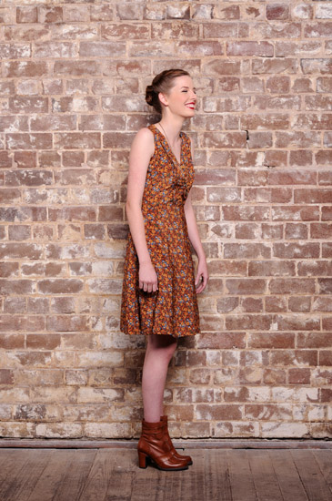 Vintage style dresses, fashion campaign. Vee neck flora brown dress - Studio Fashion Photography by Kent Johnson.