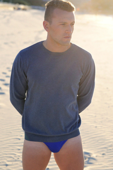 morning on Bondi beach, sweat shirt and speedos.