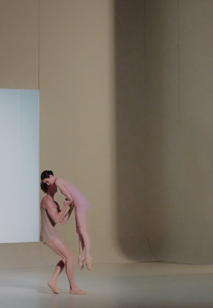 Amber Scott and Adam Bull, Lift; beige stage set, The Australian Ballet - CHROMA - Chorographer Wayne McGregor Photography by Kent Johnson.