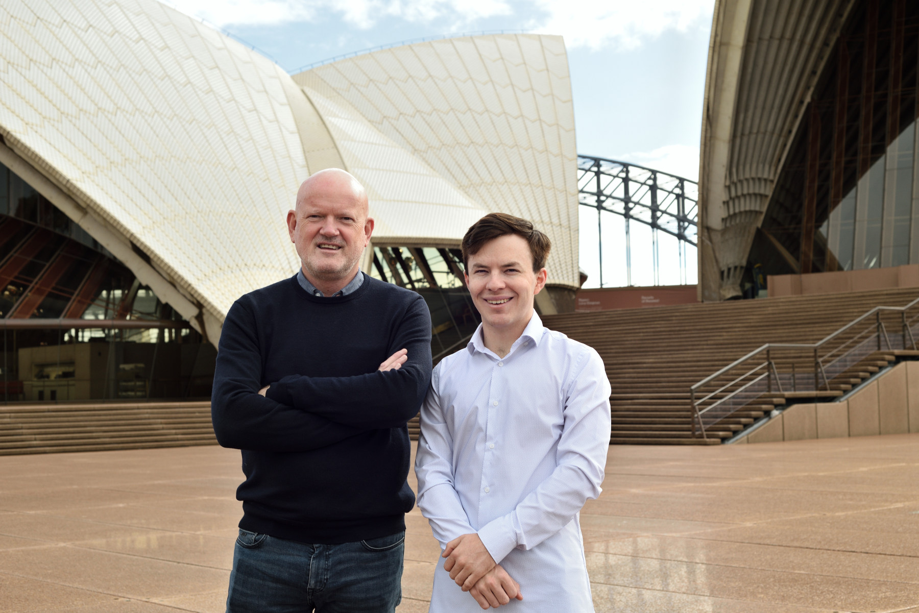 Martin Dalgleish from HEAL Partners and Jamie Beaton from Crimson Education - Photographed by Kent Johnson on the upper podium of the the Sydney Opera House