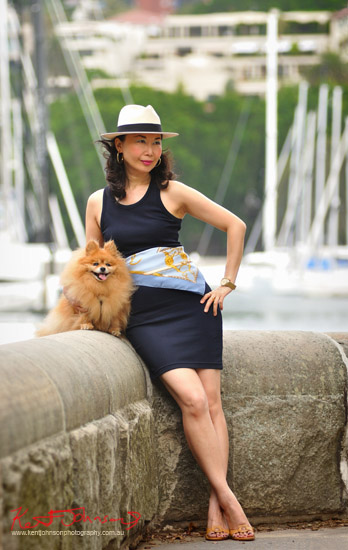 Rushcutters bay, Sydney harbour location portrait with family pet. Photographed by Kent Johnson.