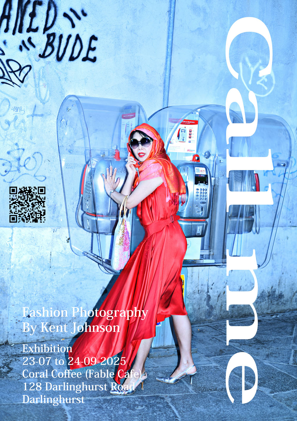 Woman in a red dress holding a public phone in Venice, Italy - Exhibition Poster for Call Me, Survey show of Fashion Photography by Kent Johnson 1982 to 2025