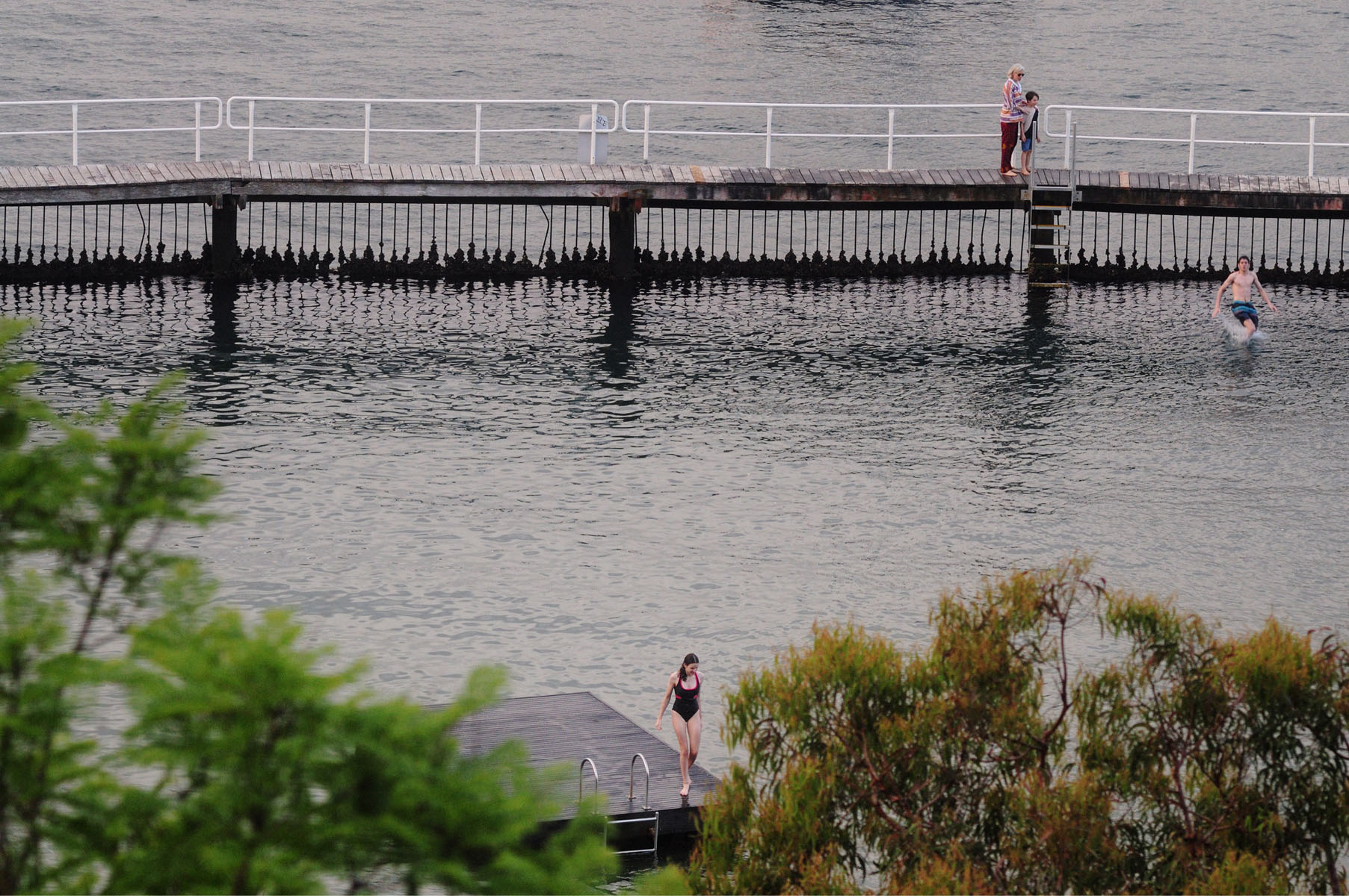 Elegance - Redleaf Boulevardier, a young woman stands on the corner of a pontoon as a young man jumps into the water at Murray Rose Pool, Redleaf, Sydney