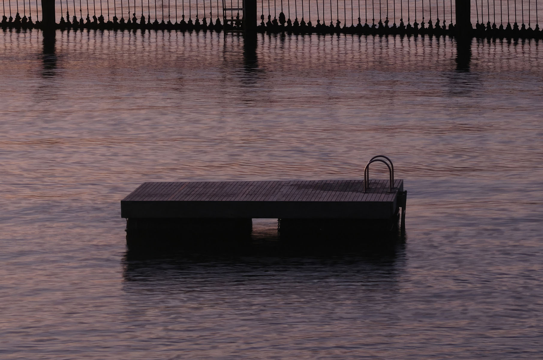 A swimming pontoon floating on dark water, Redleaf Boulevardier, Sydney an exhibition of photographs by Kent Johnson