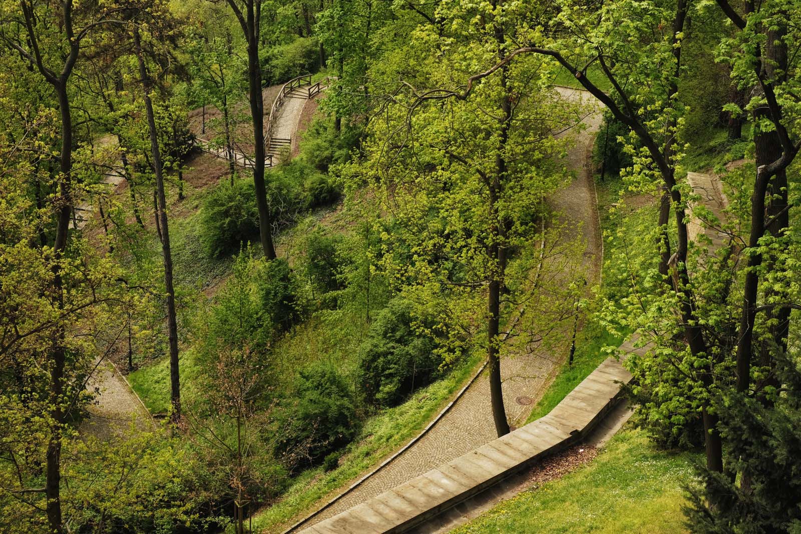 Zig zag switchback pathway winds down the steep hillside, Kinsky Garden, south-eastern slope of Petřín