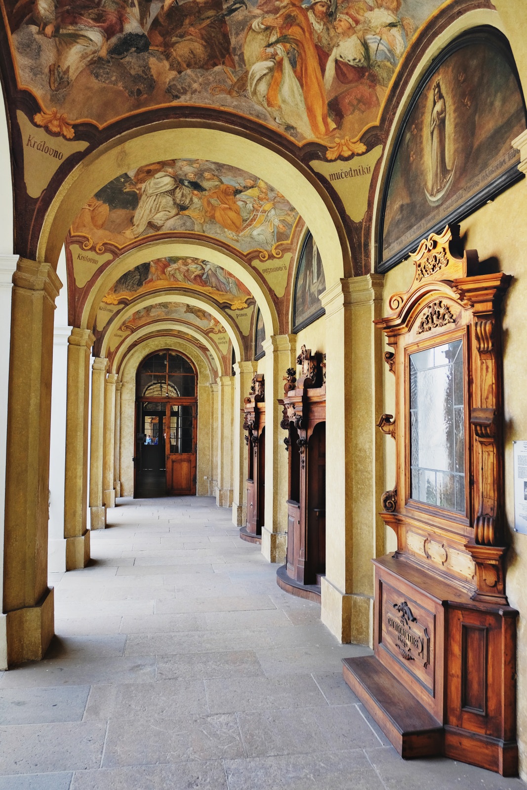 Frescoed arcade of the cloister of the Loreta Sanctuary. A pilgrimage destination in Hradčany district Prague, Czech Republic