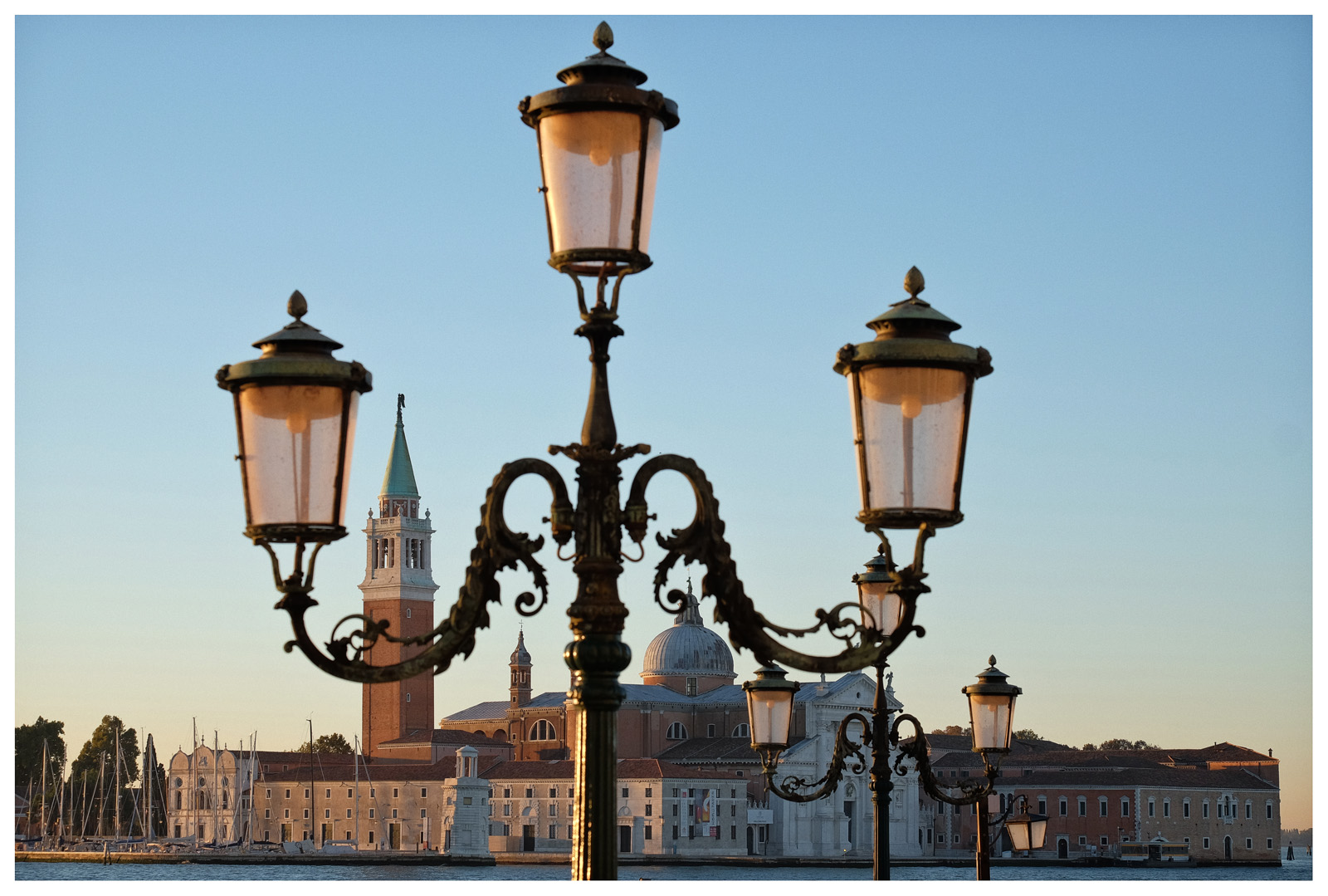 Looking through iron street lamps to San Giorgio Maggiore, Venice
