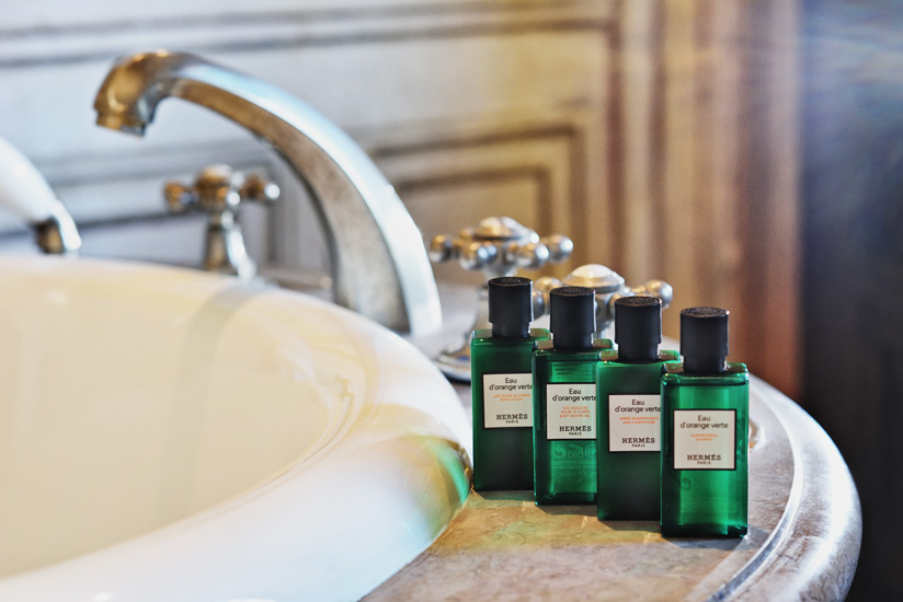 Lifestyle product shot of the Hermès bath products in a 5 star Château hotel. Lifestyle photography by Kent Johnson.