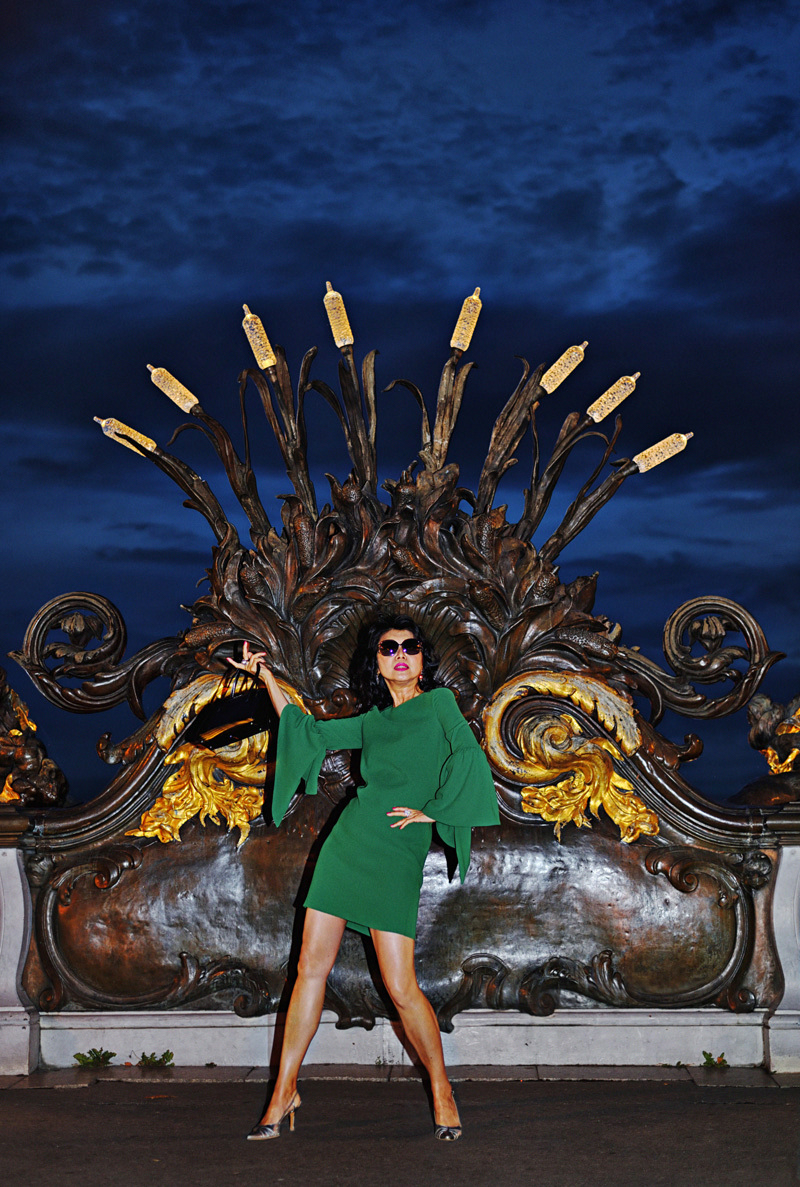 Vivienne dancing on Pont Alexandre III Paris for the story Envy Green.. by Night; Paris fashion photoshoot by Kent Johnson