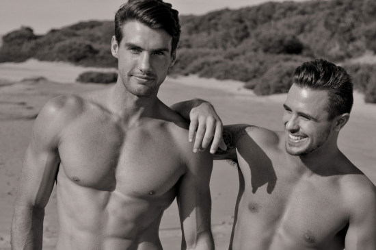 Two male models, in sand dunes, black and white photoshoot for Mens grooming products, Sydney, Australia.