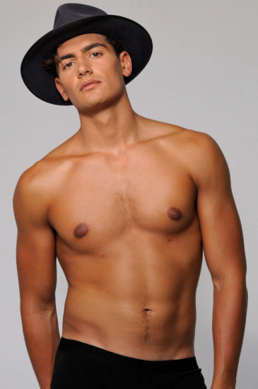 Studio body shot with felt hat, male modelling portfolio photoshoot.