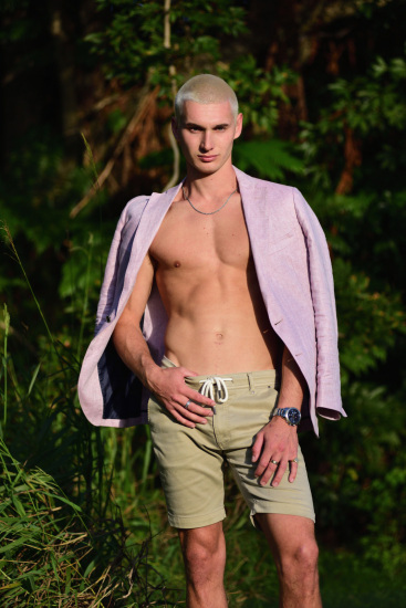 Laidley, jacket and shorts obn location, male model portfolio shoot, Sydney, Australia.