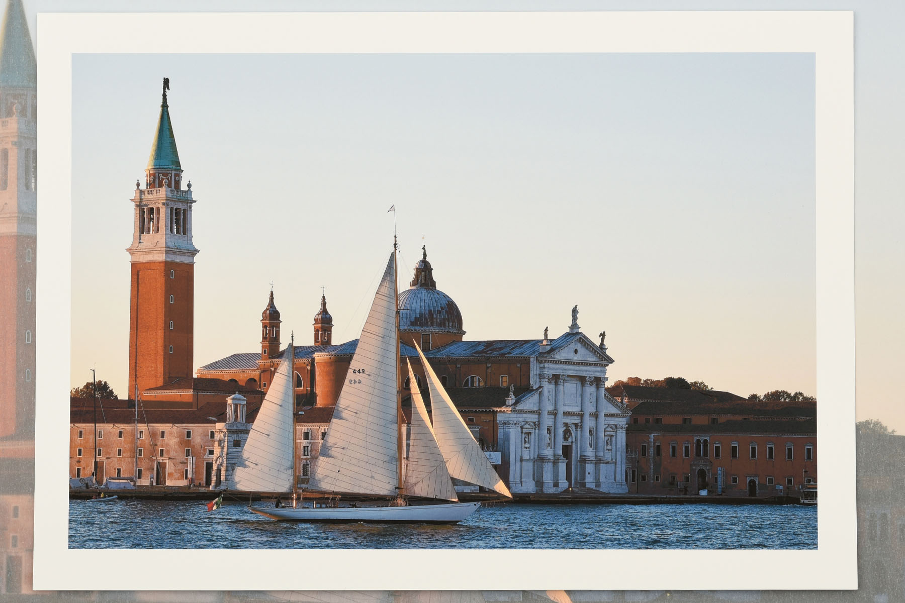 Sailing boat at Dawn, San Giorgio Maggiore, Venice. La Serenissima art exhibition of photography prints by Kent Johnson